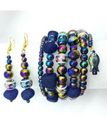 Purple Agate Wrap 6 Stack Bracelet Earring Set Swarovski Crystals Boho  - £39.30 GBP