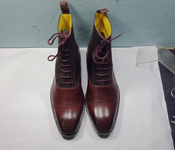 NEW Handmade 2 Tone Burgundy Ankle Boot, Cap Toe Boot, Men Leather Suede Laceup  - £119.89 GBP