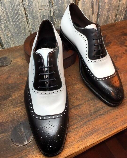 Men Black White Cont Full Brogue Toe Leather Formal Dress Lace Up Shoes US 7-16
