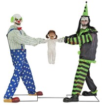 Creepy Animated Tug Of War Clowns With Kid Green Black Halloween Prop Decoration - £283.34 GBP