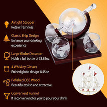 Whiskey Decanter Globe Set w/ 4Pcs 8.45OZ Etched World Whiskey Glasses Wooden... - £44.61 GBP