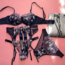 Victoria&#39;s Secret 32DD Bra Set+Garter+Xs,M Thong+Panty Navy Blue Jewel Embroider - £118.54 GBP