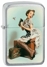 Zippo Lighter: Pin-up Girl with Suitcases - Brushed Chrome  - $28.45
