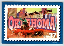 Greetings From Oklahoma Large Letter Chrome Postcard USPS 2001 Cattle Bull Horse - £7.63 GBP