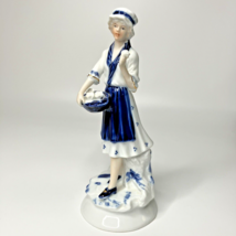 Vintage Girl Woman Figurine Ceramic Porcelain Rose Basket Blue White 8.5 in - £13.97 GBP