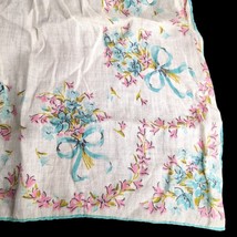 VTG Hanky Handkerchief White Linen with Blue and Pink Flowers Bows 12” W... - £7.79 GBP