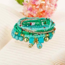 Stackable Bead Bracelets Ladies Stretch Multilayer Bracelet Set Turquoise color - £13.93 GBP