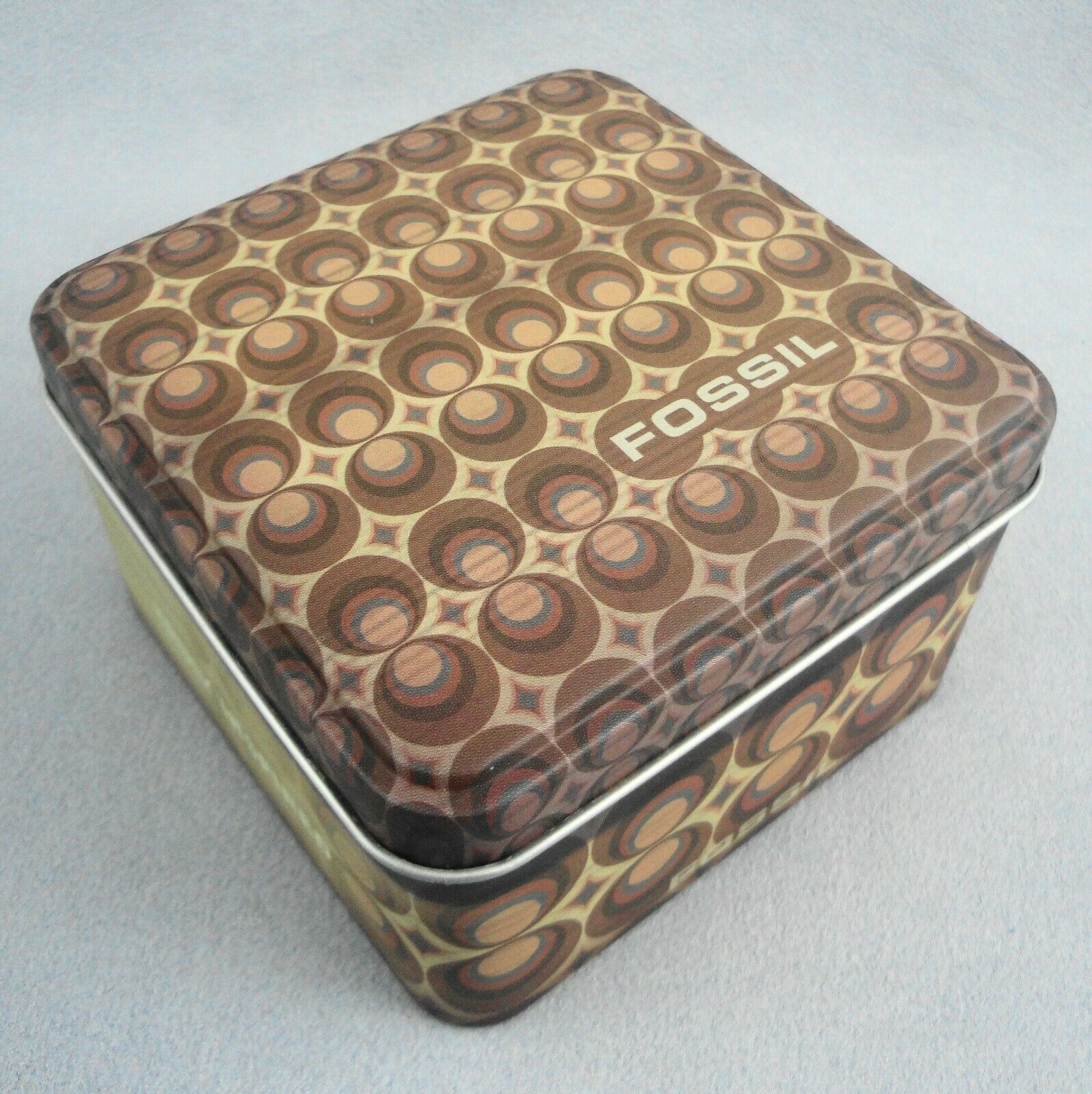 Fossil 2002 Empty Watch Tin Truly Inspired Geometric Circles Diamonds Brown Vtg - $5.87