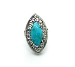 14k White Gold Art Deco Genuine Natural Turquoise Filigree Ring (#J5217) - £443.89 GBP