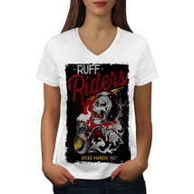 Wellcoda Ruff Riders Skull Biker Womens V-Neck T-shirt, Rough Graphic Design Tee - £16.27 GBP