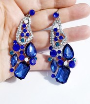 Resin Bridesmaids Earrings, Rhinestone Drop Earrings, Blue Dangle Chandelier Ear - £25.70 GBP