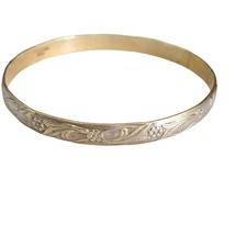 Sterling Silver Vermeil 8&quot; Floral Etched Bangle Bracelet Mexico - $63.94