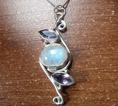 Faceted Amethyst and Moonstone 3-Gem 925 Sterling Silver Pendant - £12.94 GBP