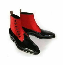New Men Handmade Fashion Elegant Cap Toe Red &amp; Black Ankle High Boots - £126.52 GBP+
