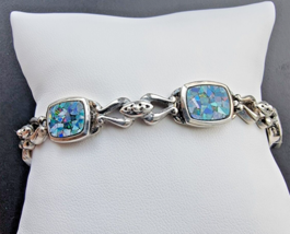 925 Sterling Silver Blue Crushed Fire Mosaic Opal Inlay Bracelet 7.25 Inch - £91.07 GBP