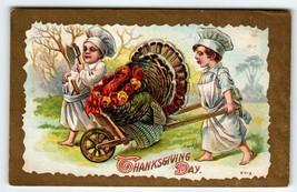 Thanksgiving Postcard Chefs Cart Turkey On Wheel Barrel John Winsch Back Emboss - £10.79 GBP