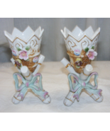 Vintage Porcelain Pair of Ucagco Japan Ceramic Vases Mint Green Pink Bow... - $39.59