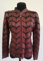 Burgundy Leather Coat Woman Jacket Leaf Design Zip Light Short Soft All ... - $180.00
