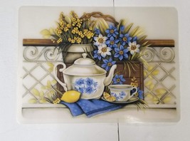 8 Teapot Placemats 18&quot; x 13&quot; Set Blue Cottage Country Tea Floral Clear Textured - £11.86 GBP