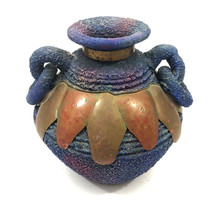 Sand Pottery Jar Vase with Handle Rings Dark Blue &amp; Copper Trim - £24.01 GBP