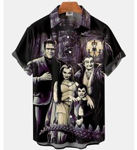 Munsters Movie Frankenstein Family &amp; Friends Print Buttoned Hawaiian Shirt - £8.20 GBP+