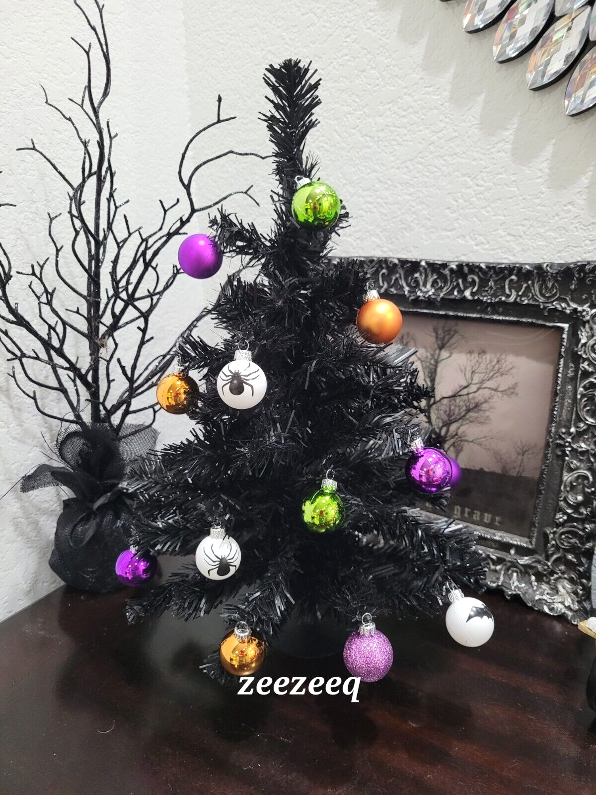 Primary image for 21 pc Halloween Black Tree + Spider Bats Ornaments Tabletop Decor 17"