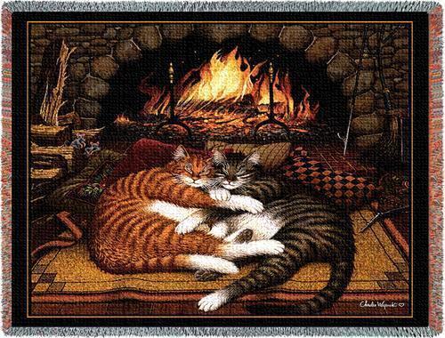 72x54 Sleeping CAT Kitty Fireplace All Burned Out Tapestry Afghan Throw Blanket - $63.36