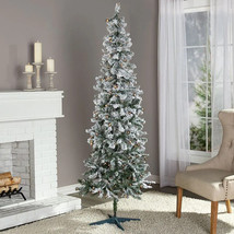 7Ft Slim Prelit Artificial Christmas Tree Flocked Green or White Holiday Decor - £83.25 GBP