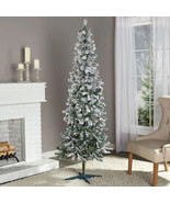7Ft Slim Prelit Artificial Christmas Tree Flocked Green or White Holiday... - £84.12 GBP