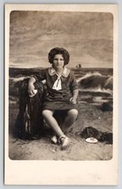 RPPC Girl Beach Seashells Studio Prop Ocean Scene Far Rookaway LI Postcard L27 - £15.91 GBP