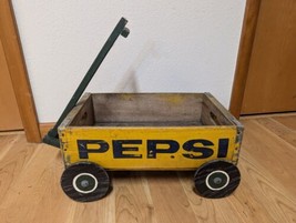 Antique Pepsi Cola Yellow Crate Wagon Vintage Wooden w/ Wheels and Handle Rustic - $28.04