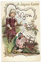 Vintage c1910s Embossed Easter Postcard Fantasy Gnome In Egg &amp; Girl Glitter - £15.57 GBP