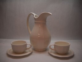 Vintage Pfaltzgraff Ironstone Pitcher 2 Cups And Saucers Line Design Cream Color - £33.10 GBP