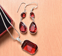 925 Sterling Silver Ruby Quartz Gemstone Handmade Necklace Earrings Gift SET1043 - £31.51 GBP