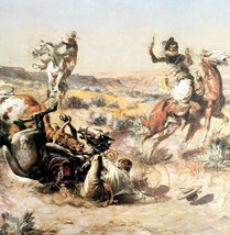 The Broken Rope Cowboys Lasso Bull On Bronco 1978 Old West Print Russell LGAD99 - $49.99