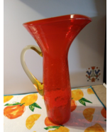Vtg Art Glass Pitcher Tall Orange Yellow Handle 12'' Crackle Glass - $65.00