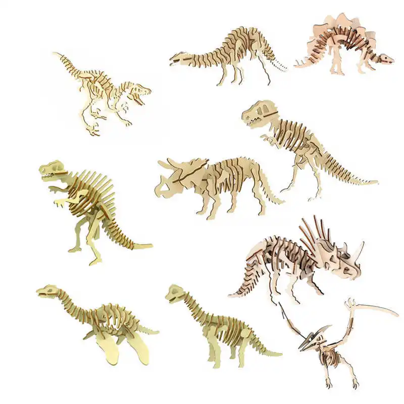 10pcs Wooden 3D Dinosaur Puzzle Simulation Dinosaur Blocks Model DIY Craft - £40.35 GBP