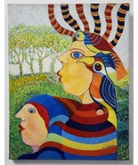 Vintage Signed Oil Painting, Birds on Women Klimt-like Fantasy Garden 46... - €129,13 EUR