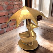 Vintage Brass Duck Figurine Holding Umbrella Mid-Century Modern Home Decor - $22.44