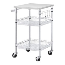 Rolling Kitchen Cart Rectangle w/Stainless Steel Top &amp; Storage Shelves (24&quot; W) - £42.28 GBP