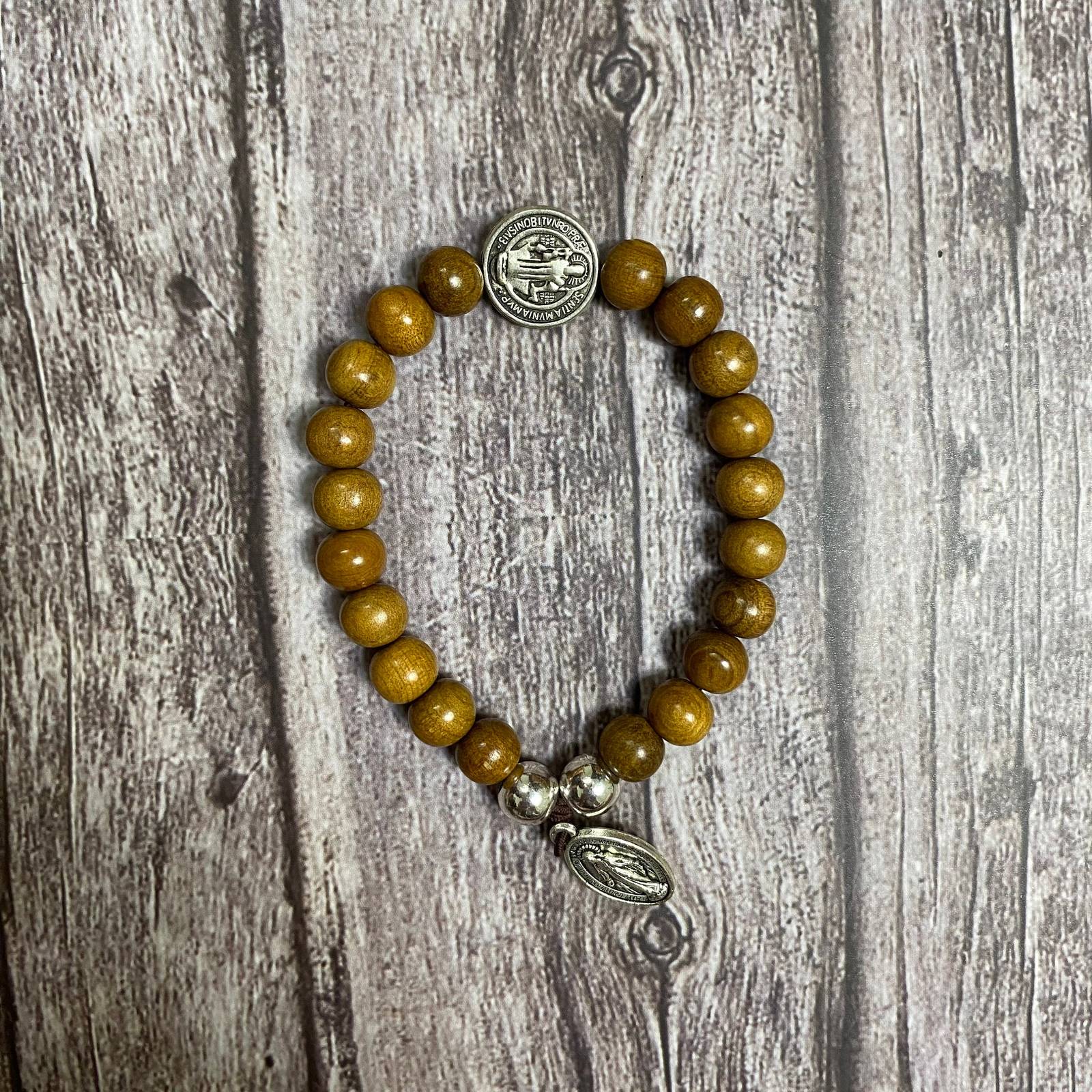 Black natural wood Catholic Bracelet with Miraculous Medal of Mary - $17.90