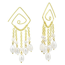 Unique Spiral Gold-Plated Brass and Hanging Pearls Chandelier Earrings - £12.77 GBP