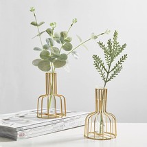 2 Pcs Gold Flower Vase With Metal Frame, Clear Glass Test Tube Vases Decorative, - £25.09 GBP