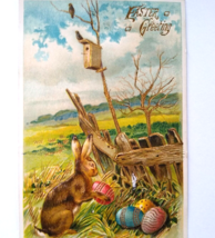 Easter Postcard Bunny Rabbit Painted Eggs Gold Trimmed Birds Birdhouse 52 German - £23.12 GBP