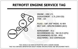 1992 LT1 5.7L Corvette Retrofit Engine Service Tag Belt Routing Diagram Decal - $14.95