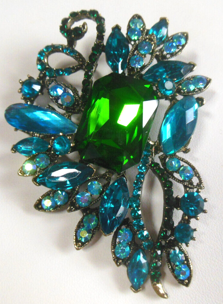 Primary image for Large Fashion Blue/Green Rhinestone Brooch 3.1/8" x 2"
