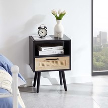 Modern Rattan End Table: 15.75&quot;, Drawer, Wood Legs - $91.99