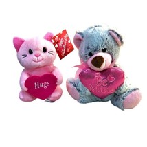 Hug Luv Pink Cat 6 Inch Plush and Gray Bear 7 Inch Plush Be Mine Valenti... - $8.69