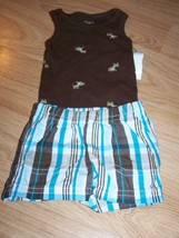 Size NB Newborn Carter&#39;s Brown Turquoise Plaid Shorts &amp; Dog One Piece Top Outfit - £9.62 GBP