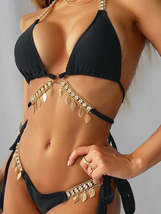 Beach Fashion Women&#39;s Chic Split Neck Metal Pendant Bikini Swimsuit | Gulf Coast - £21.90 GBP